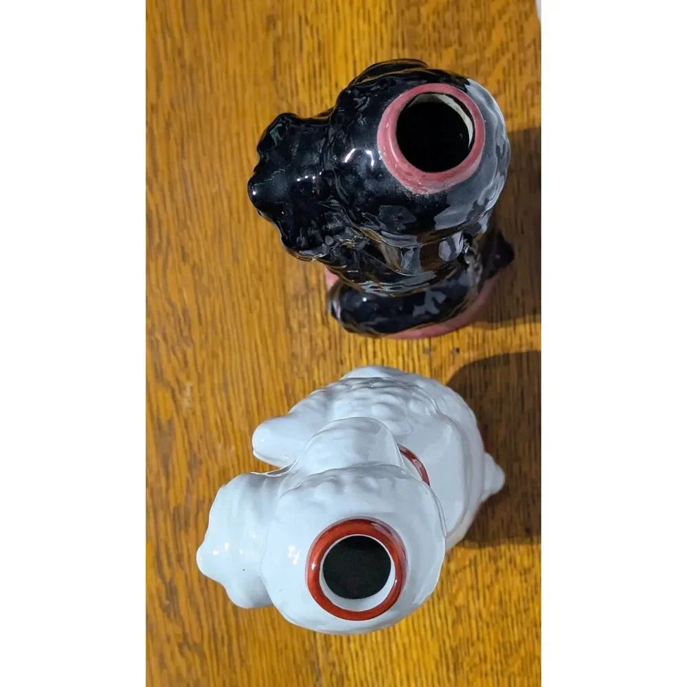 Vintage Garnier France Poodle Decanters Pair Black White Mid Century Barware